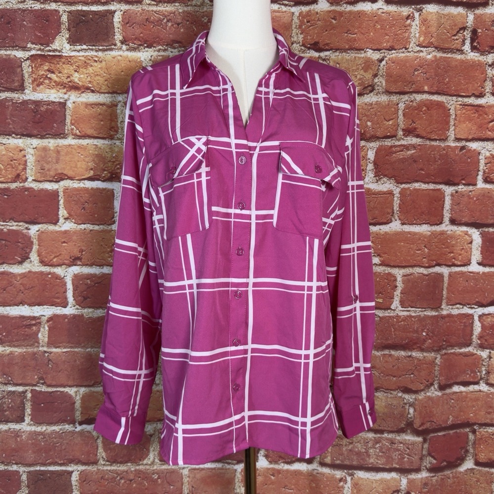Adrienne Vittadini V Neck Button Front Pink Long Sleeve Shirt Size Large NWT NEW